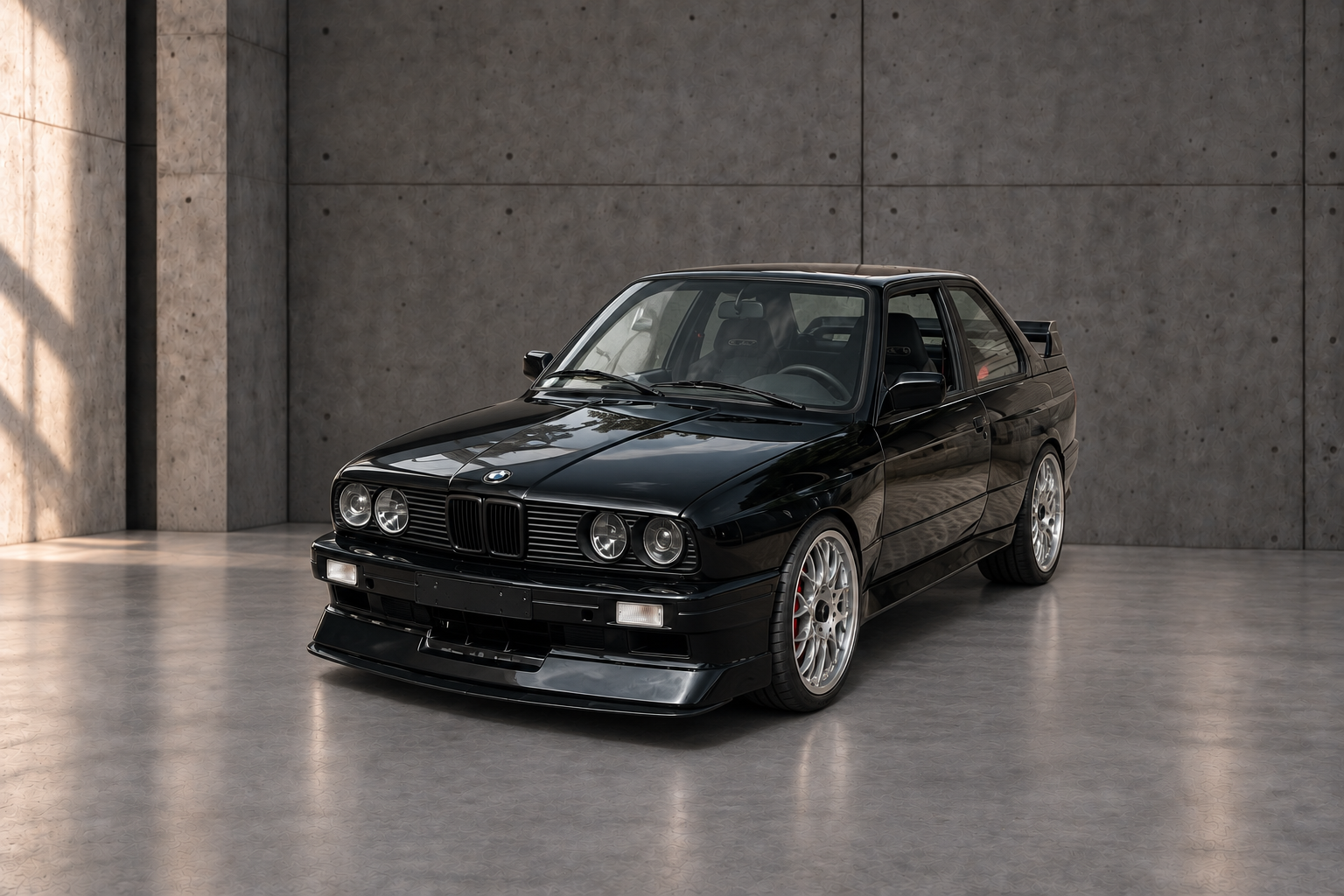 Frontansicht des schwarzen BMW E30 M3 T21 Restomod im Betonstudio
