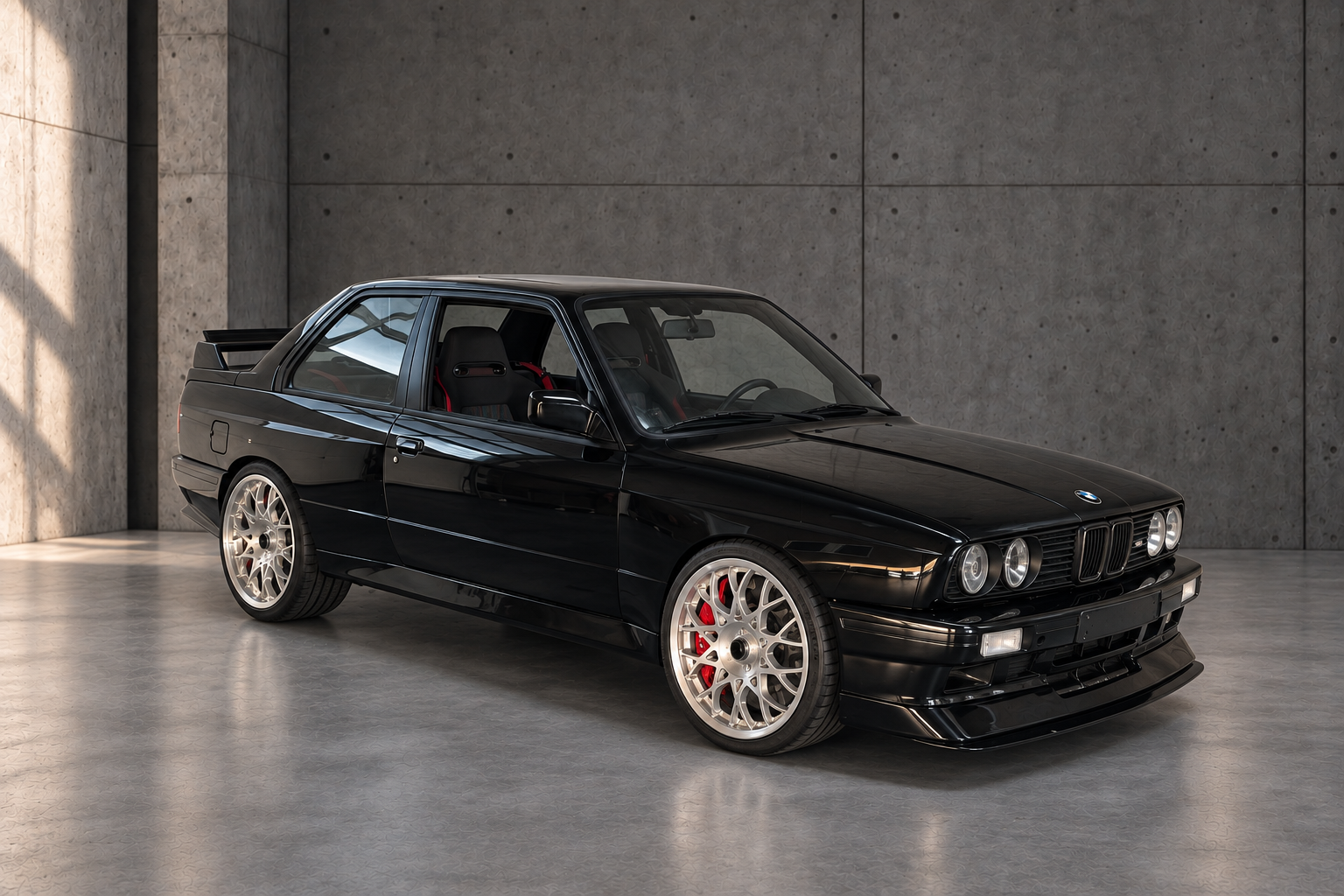 Schwarzer BMW E30 M3 T21 Restomod im einheitlichen Betonstudio