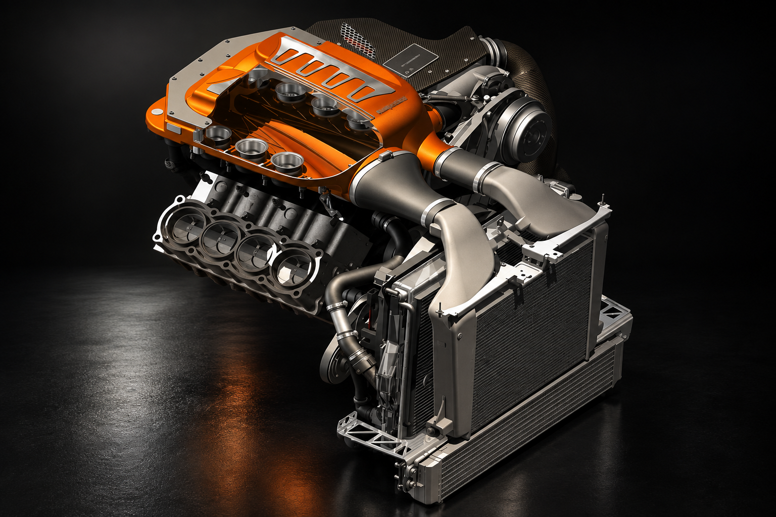 S65 Hochdrehzahl-V8 mit orangefarbenem Ansaugsystem, ASA-Kompressor und Kühlpaket im schwarzen Studio