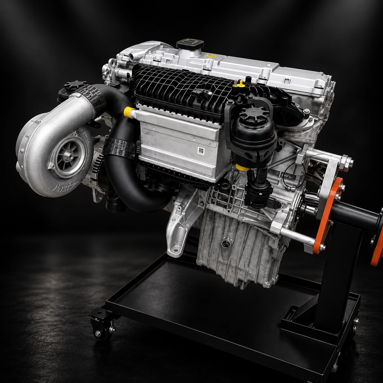 Detail of the ASA supercharger, mounting bracket and charge-air routing on a BMW engine