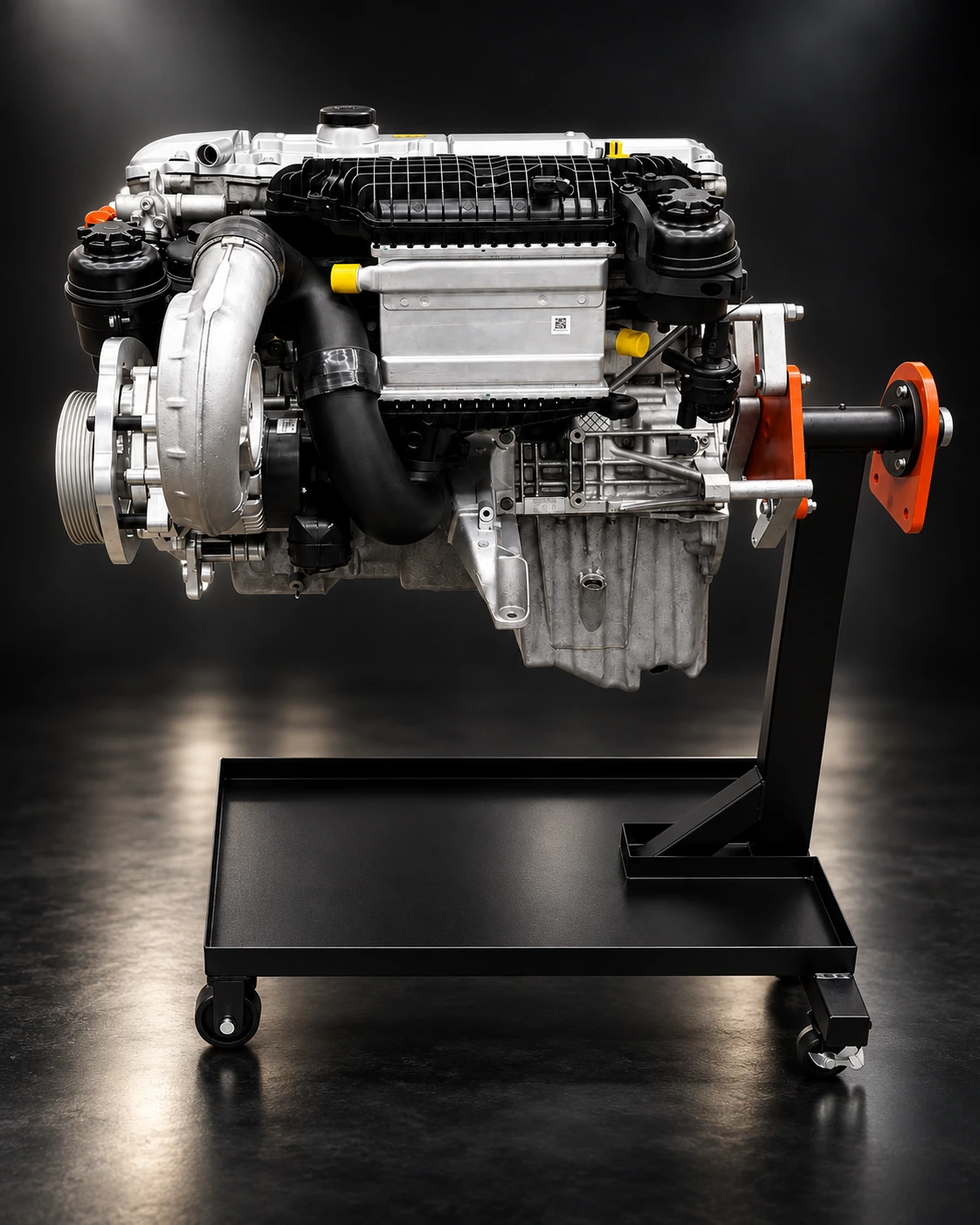 T21 BMW M54 supercharger kit on a demonstration engine with water-to-air charge cooling