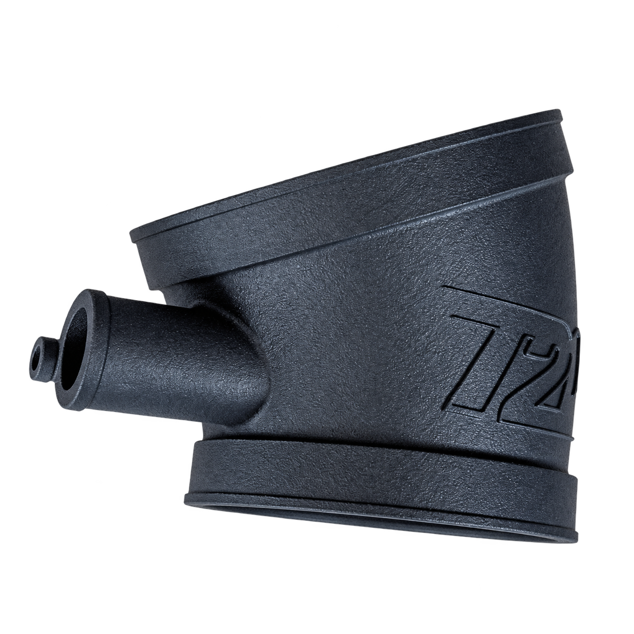 Graues 3D-gedrucktes T21-Bauteil mit seitlichem Anschluss, freigestellt